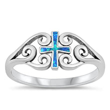 Load image into Gallery viewer, Sterling Silver Rhodium Plated Blue Lab Opal Cross Ring