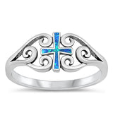 Sterling Silver Rhodium Plated Blue Lab Opal Cross Ring