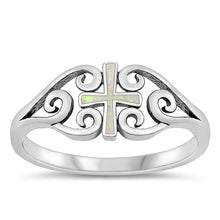 Load image into Gallery viewer, Sterling Silver Rhodium Plated White Lab Opal Cross Ring