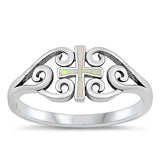 Sterling Silver Rhodium Plated White Lab Opal Cross Ring