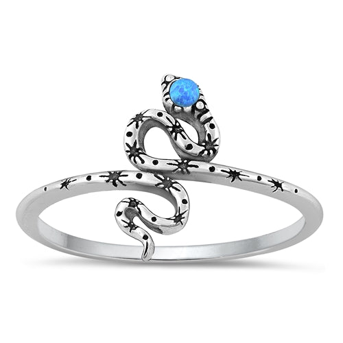 Sterling Silver Rhodium Plated Snake Blue Lab Opal and Ring-13mm