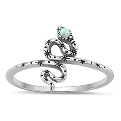 Sterling Silver Rhodium Plated Snake White Lab Opal and Ring-13mm