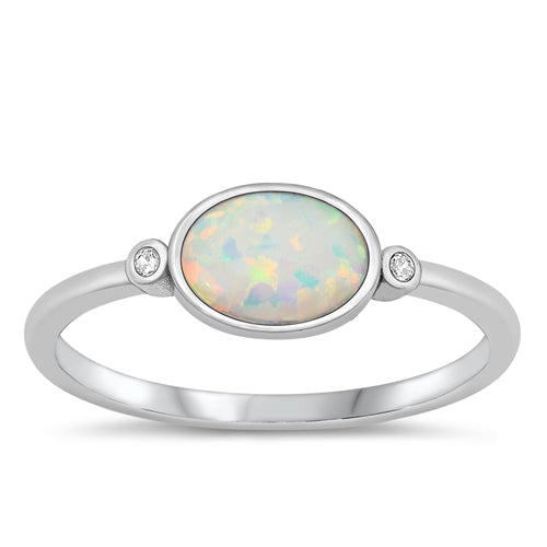 Sterling Silver Rhodium Plated White Lab Opal and Clear CZ Ring