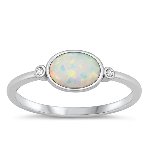 Sterling Silver Rhodium Plated White Lab Opal and Clear CZ Ring
