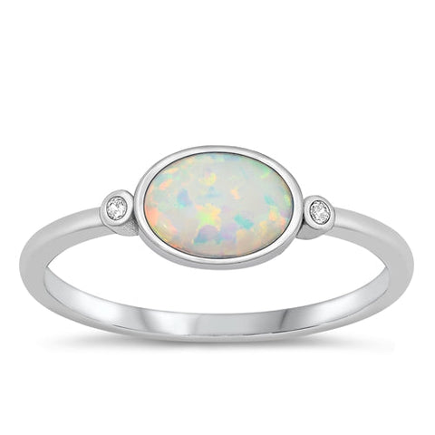 Sterling Silver Rhodium Plated White Lab Opal and Clear CZ Ring