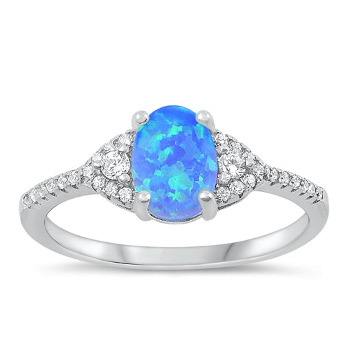 Sterling Silver Rhodium Plated Blue Lab Opal and Clear CZ Ring
