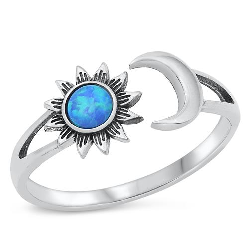 Sterling Silver Oxidized Sun and Moon Blue Lab Lab-Opal Ring
