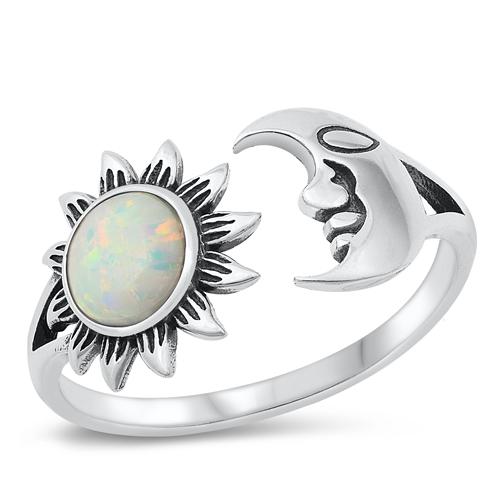 Sterling Silver Oxidized White Lab Opal Sun and Moon Ring