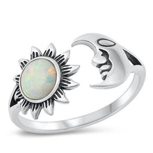Load image into Gallery viewer, Sterling Silver Oxidized White Lab Opal Sun and Moon Ring
