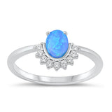 Sterling Silver Rhodium Plated Oval Blue Lab Opal And Clear CZ Ring