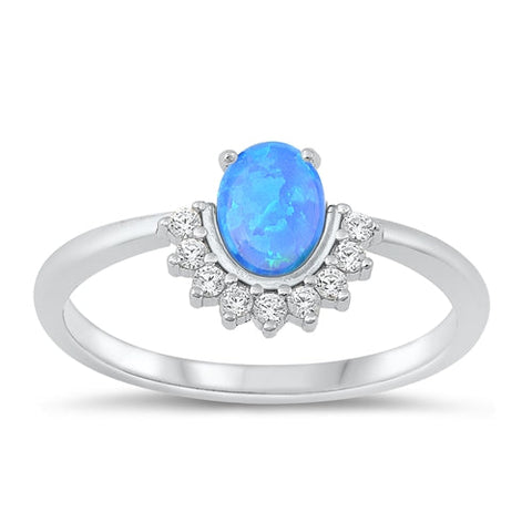 Sterling Silver Rhodium Plated Oval Blue Lab Opal And Clear CZ Ring