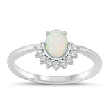 Sterling Silver Rhodium Plated Oval White Lab Opal And Clear CZ Ring