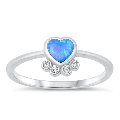 Sterling Silver Rhodium Plated Heart Blue Lab Opal And Clear CZ Ring