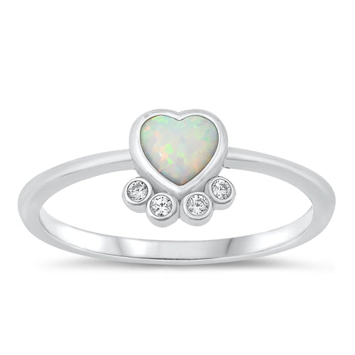 Sterling Silver Rhodium Plated Heart White Lab Opal And Clear CZ Ring
