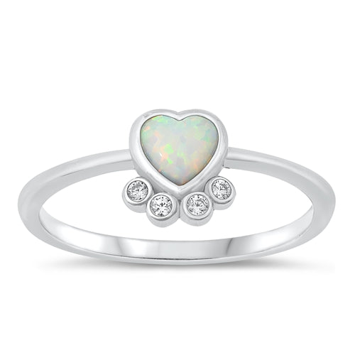 Sterling Silver Rhodium Plated Heart White Lab Opal And Clear CZ Ring
