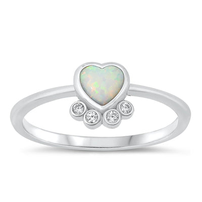 Sterling Silver Rhodium Plated Heart White Lab Opal And Clear CZ Ring