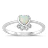 Sterling Silver Rhodium Plated Heart White Lab Opal And Clear CZ Ring