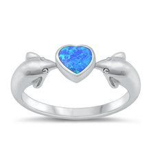 Load image into Gallery viewer, Sterling Silver Rhodium Plated Heart and Dolphins Blue Lab Opal Ring