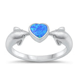 Sterling Silver Rhodium Plated Heart and Dolphins Blue Lab Opal Ring