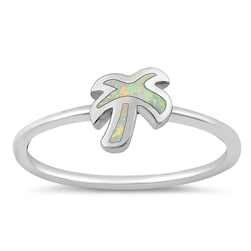 Sterling Silver Rhodium Plated Palm Tree White Lab Opal and Ring