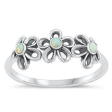 Sterling Silver Oxidized Flower White Lab Opal Ring