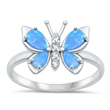 Sterling Silver Rhodium Plated Butterfly Blue Lab Opal And Clear CZ Ring