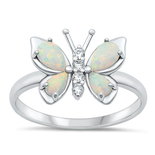 Sterling Silver Rhodium Plated Butterfly White Lab Opal And Clear CZ Ring