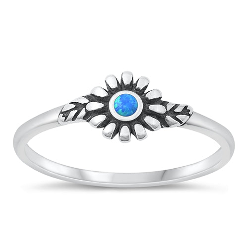 Sterling Silver Oxidized Flower Blue Lab Opal Ring