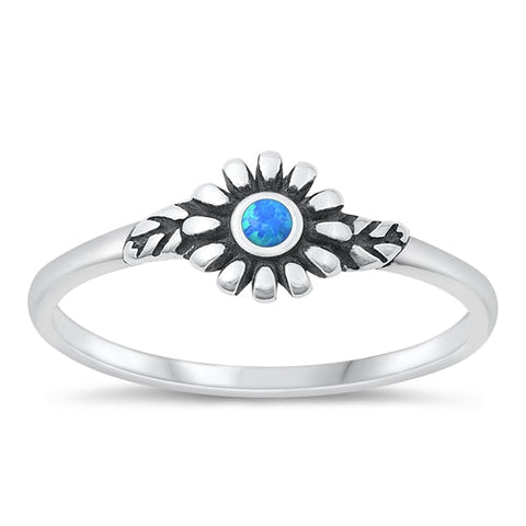 Sterling Silver Oxidized Flower Blue Lab Opal Ring