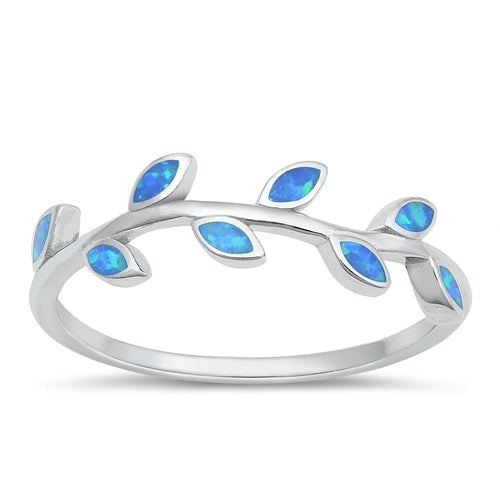 Sterling Silver Rhodium Plated Leaves Blue Lab Opal Ring