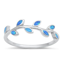 Load image into Gallery viewer, Sterling Silver Rhodium Plated Leaves Blue Lab Opal Ring