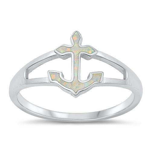 Sterling Silver Rhodium Plated Anchor White Lab Opal Ring