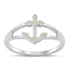 Load image into Gallery viewer, Sterling Silver Rhodium Plated Anchor White Lab Opal Ring
