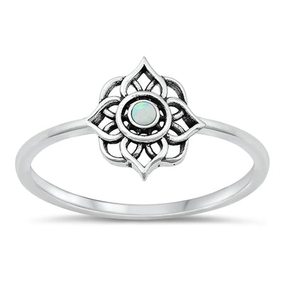 Sterling Silver Oxidized Mandala White Lab Opal Ring