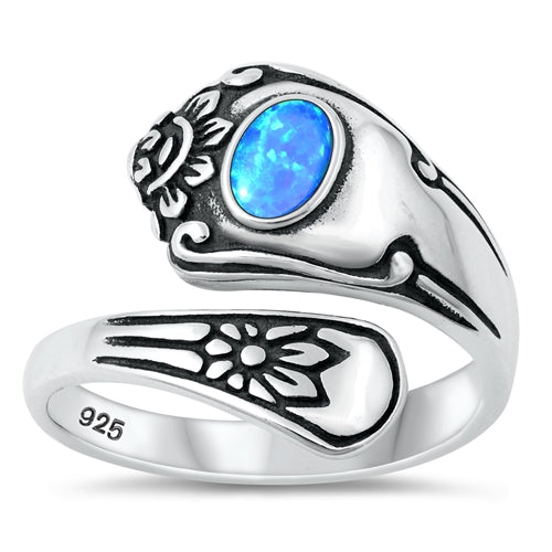Sterling Silver Oxidized Vintage Spoon Blue Lab Opal Ring Face Height-17.5mm