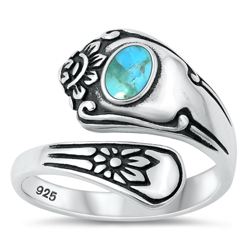 Sterling Silver Oxidized Vintage Spoon Genuine Turquoise Stone Ring Face Height-17.5mm
