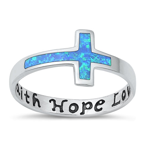 Sterling Silver Oxidized Cross Blue Lab Opal and Ring-10mm