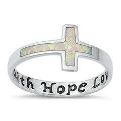 Sterling Silver Oxidized Cross White Lab Opal and Ring-10mm