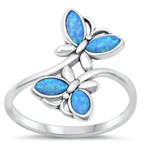 Load image into Gallery viewer, Sterling Silver Oxidized Butterflies Blue Lab Opal Ring