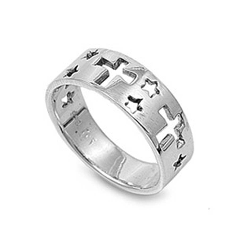 Sterling Silver Stylish Open Cut Cross and Star Band Ring with Face Height of 6.5MM