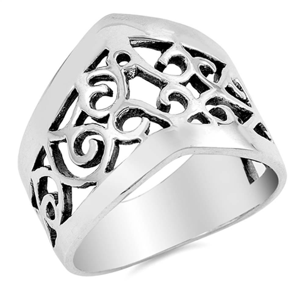 Sterling Silver Fancy V Shaped Ring with Face Height of 15MM
