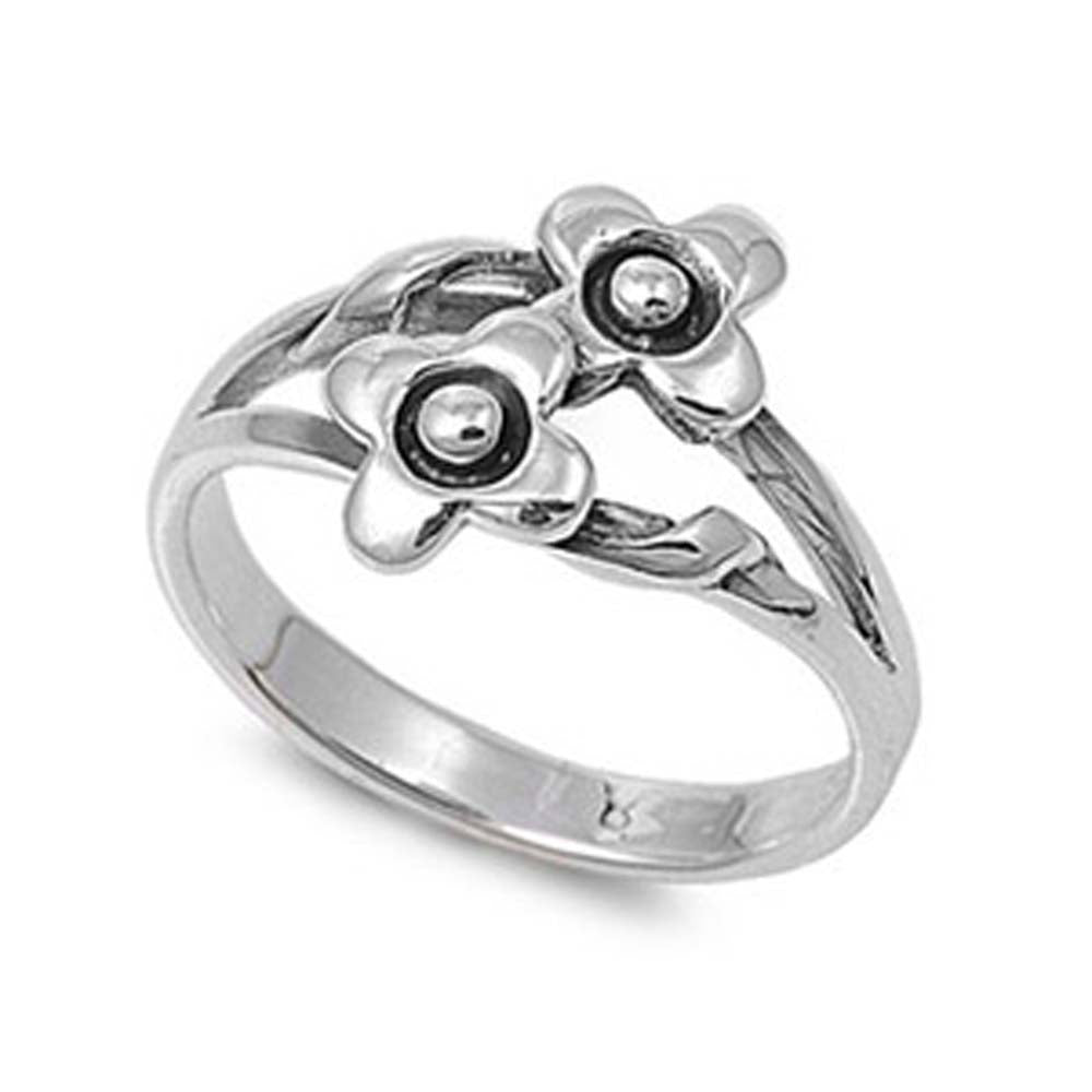 Sterling Silver Trendy Double Flower Design Band Ring with Face Height of 12MM
