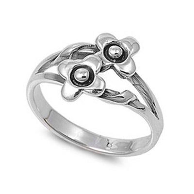 Sterling Silver Trendy Double Flower Design Band Ring with Face Height of 12MM