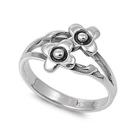 Sterling Silver Trendy Double Flower Design Band Ring with Face Height of 12MM