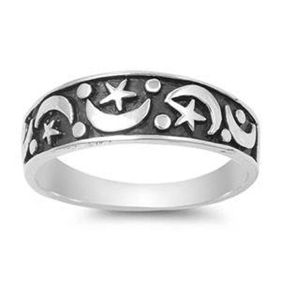 Sterling Silver Fancy Carved BeadAnd MoonAnd and Star Design Ring with Face Height of 7MM