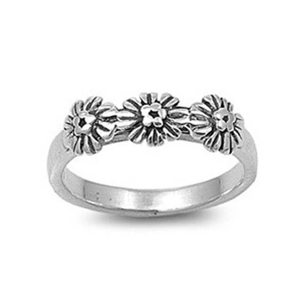 Sterling Silver Antique Style Triple Flower Design Ring with Face Height of 5MM