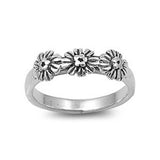 Sterling Silver Antique Style Triple Flower Design Ring with Face Height of 5MM