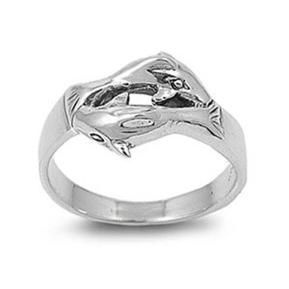 Sterling Silver Trendy Double Dolphin Design Ring with Face Height of 10MM