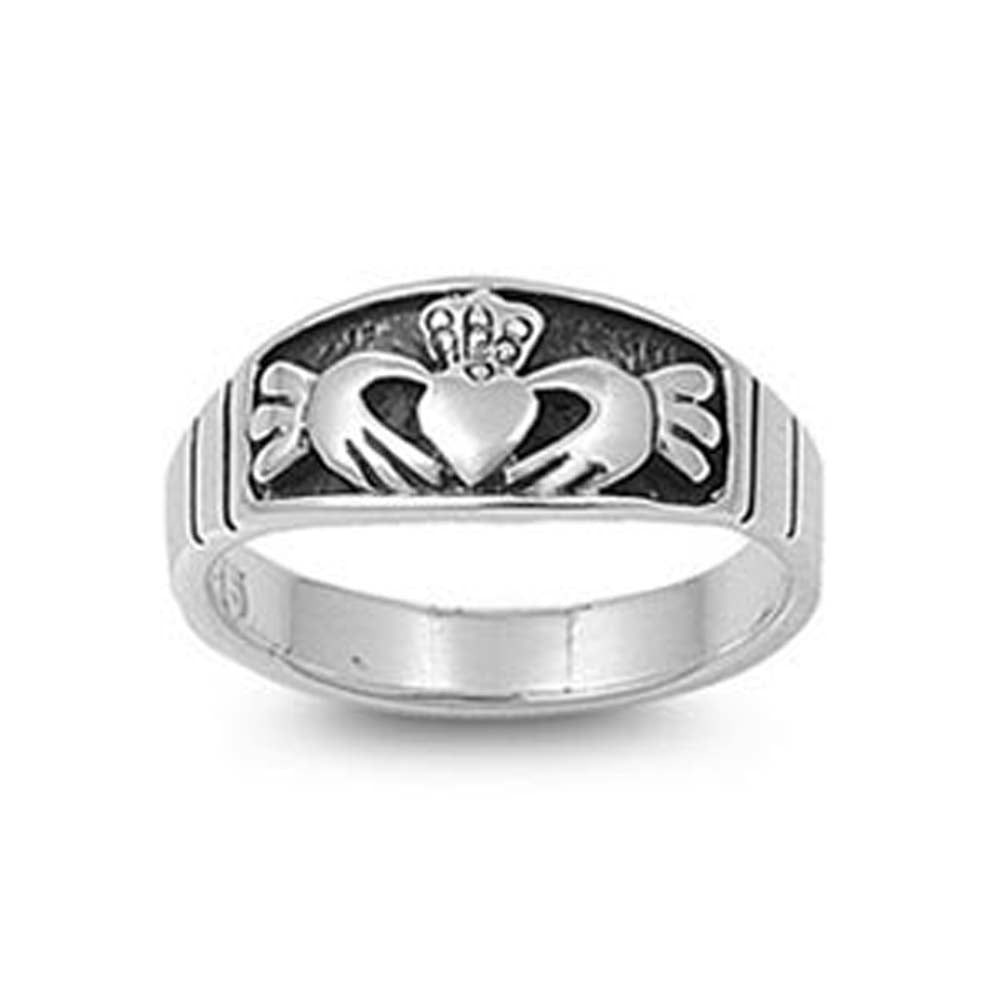 Sterling Silver Antique Style Carved Claddagh Ring Band Ring with Face Height of 8MM