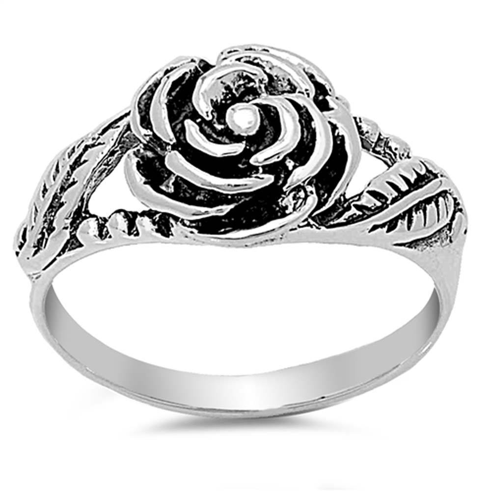 Sterling Silver Antique Style Rose Design Band Ring with Face Height of 11MM